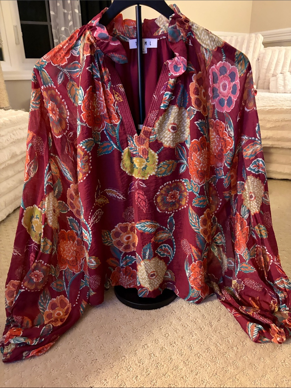 THML Burgundy Floral Split-V Neck Blouse
